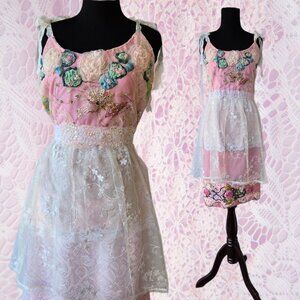 Handmade Pink Stretch Velvet & Lace Rose Embroidered Blouse Romantic Fairycore